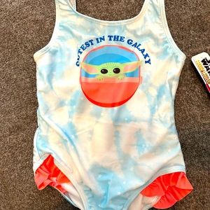 Blue and whit cutest in the galaxy baby Yoda swimsuit with pink ruffles